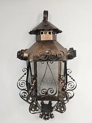Vtg Gothic Metal Hanging Candle Lantern Thick Glass Panels Spanish Revival • $49.99