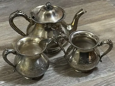 Antique 1800s Taunton Silver Co Quadruple Plate Floral 3 PIECE TEA SET USA • $175