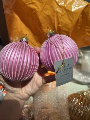 £12 • Buy Pair Of Pink Glass Glitter Gisela Graham Baubles