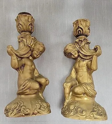 Set Of 2 Vintage 8”H Cherub Angel Putti Candlestick Holders Florentine Pair • $19.99