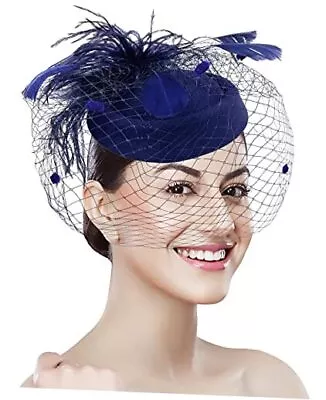 Pillbox Hat With Veil Vintage Fascinators For Women Small A-navy With Feathers • $26.38