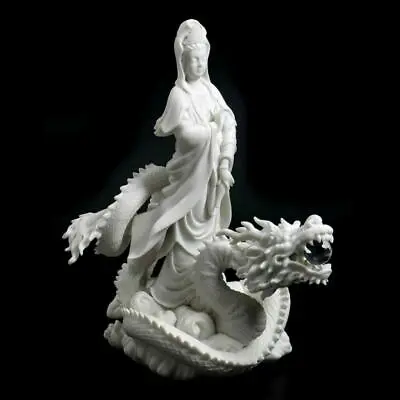 $109.95 • Buy KWAN YIN ON DRAGON STATUE 12.5  Quan Yin Guan Buddha Goddess White Marble Resin