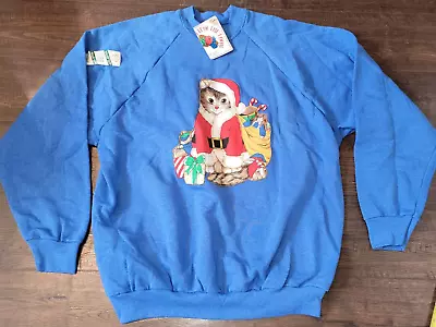 Vtg 90s NOS Fruit Of The Loom 50/50 Sweatshirt Sz XL Christmas Holiday Cat Santa • $29.99