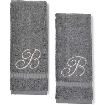 2 Pack Letter B Monogrammed Hand Towels Silver Embroidered Initial B 16x30 In • $27.99