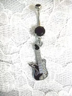 BLACK ENAMEL GUITAR W MUSIC NOTE & CRYSTALS 14G CLEAR CZ BELLY BUTTON RING • $6.99