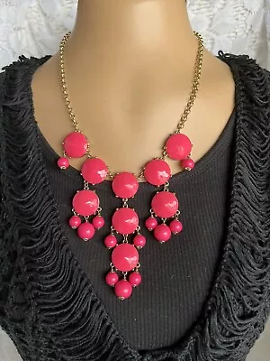 $12.95 • Buy Gold Tone Chain Hot Pink Faceted Bubble Tile Bib Collar Statement Necklace 20 
