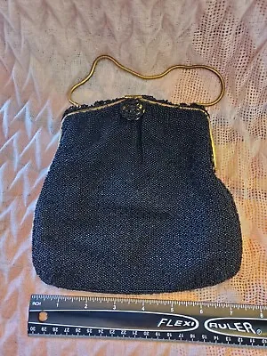 Vintage Hand Made In FRANCE  Gold Frame Black Micro Beaded Evening Bag • $30