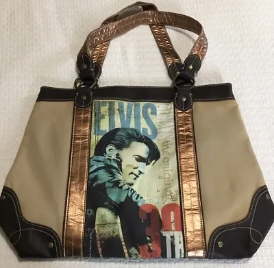 ELVIS PRESLEY TOTE BAG CANVAS & FAUX LEATHER Tan & Gold Tone Double Handled • $14.95