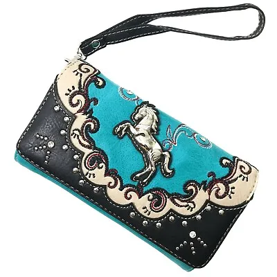 Mustang Horse Country Floral Cowgirl Crossbody Western Trifold Wallet Women • $25.89