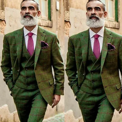 Vintage Green Men's Suit 3 Pieces Check Plaid Blazer Wedding Groom Party Tuxedos • $118.02