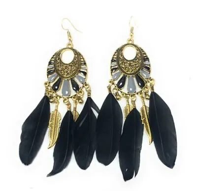 Black Feather Chandelier Earrings Gold Tassel - Pierced Or Clip On • £3.99