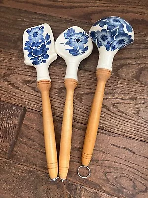 Vintage Blue And White Porcelain Kitchen Utensils Set Of 3 • $84.95