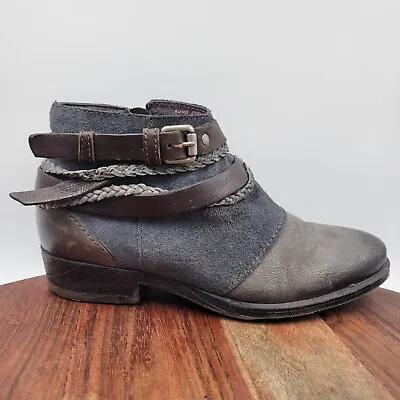 Miz Mooz Danita Ankle Boots Women's 37 / 6.5 Gray Brown Leather Buckle Booties • $59.97