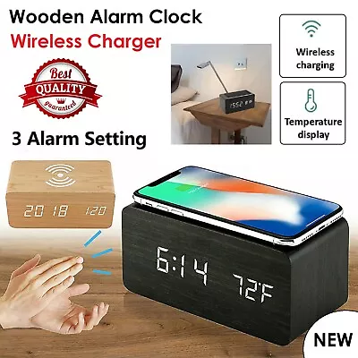 Digital Alarm Clock Wooden Table Desk Bedside LED Clock Wireless Charger Home • $38.99