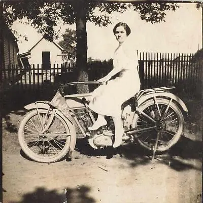 1910s Snapshot Photo Woman In Dress Sitting POPE MOTORCYCLE Flag GREAT SHOT Rare • $125