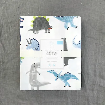 Pottery Barn Kids Organic Maverick Dino Sheet Set Full Blue Grey White • $109