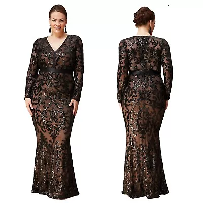 £84.99 • Buy Goddiva Black-Nude Sequin Long Sleeve Maxi Evening Dress Ballgown Prom Party