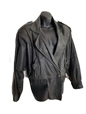 Vintage Tarazzia Womens Black Leather Waist Jacket Size Large Biker Grunge Rock! • $49.99