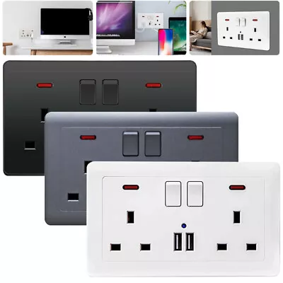 UK STOCK Double Wall Plug Socket 2Gang 13A With 2 USB Charger Port Outlets Plate • £6.89