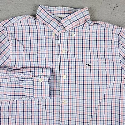 Vineyard Vines Shirt Boys Medium Blue Pink Plaid Button Up Long Sleeve Kids • $14.95