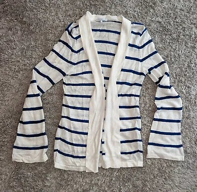 Jaeger 100% Linen Open Front Cardigan Blue White Striped XS • £29.99