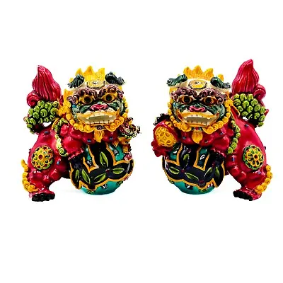 Vintage Chinese Foo Dogs Vivid Colors Fu Lions Resin Figurines Pair Approx 3  • $42.95