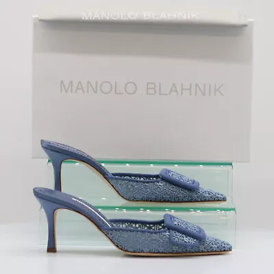 Manolo Blahnik Maysale 70 Womens Lace Mid Mule Uk 3.5 Eu 36.5 Blue Rrp £670 Ja • £359.50