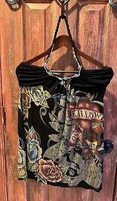 Ed Hardy Dress Y2K Mini Dress Floral Skull Graphic Logo Black Women L • $52