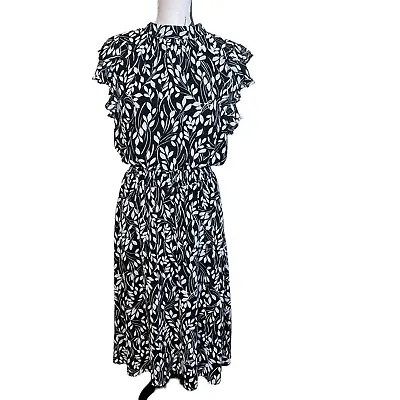 MSK Womens Dress Black White Floral Size L Short Flutter Sleeves Midi Tie Neck • $13.50