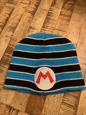 Super Mario Knitted Beanie Cap Black & Blue Striped Big Red M Logo   • $9.50