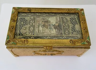 $100 • Buy Farber Bros 22 Kt Gold Plated Jewelry Box~Enameling & Glass Metallic Ribbon Lid