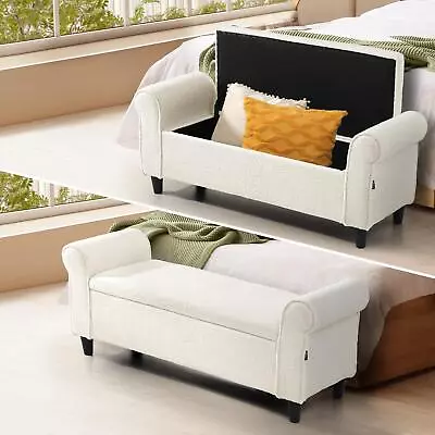 Oikiture Storage Ottoman Blanket Box Sherpa Fabric Arm Foot Stool Couch Large • $178.90