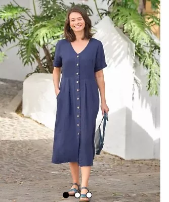 Woolovers Button Through Linen Midi Dress  Denim Blue  New Size 16  • £14.50