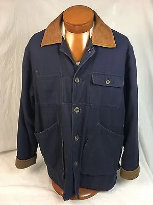 CHAPS * By Ralph Lauren Navy Blue 100% Cotton Long Coat W/ Leather Collar Med. • $39.99