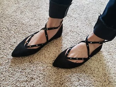 $125 REBECCA MINKOFF Faye Flats 8~ Studded Black Suede Strappy Revolve Sexy Shoe • $15.20