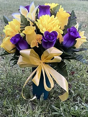 Cemetery Vase Memorial Silk Flower Arrangement Yellow & Purple • $35