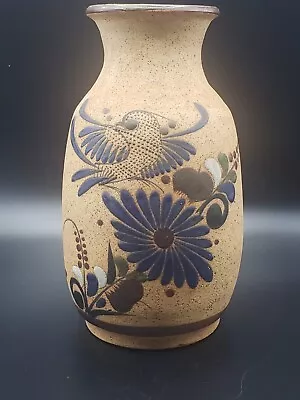 Vintage Mexican Stoneware Pottery Vase Tonala Hand Painted 81/2   Bird Flowers • $18.76