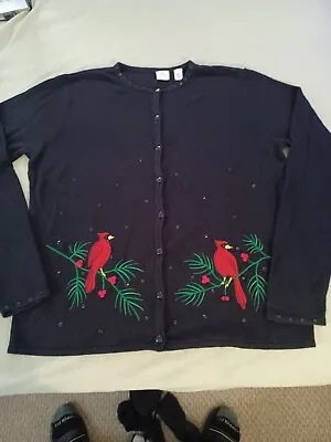 Wish For Joy Black Button Down Sweater Cardinals Embroidery W  Sequins  L Vtg • $11.69