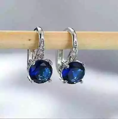 4 Ct Round Cut Blue Sapphire & Lab-Created Diamond Drop Dangle Women Earrings • $129.62