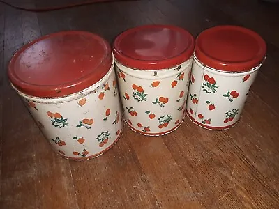 $20 • Buy Vintage 1940s National Can Corp New York Strawberry Print  3 Tin Canisters Set