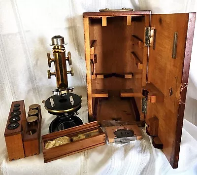 Antique Microscope Ernst Leitz Wetzlar #142703 Book Slides Wood Storage Box Rare • $800