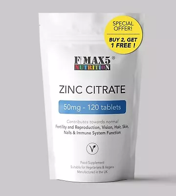 Zinc Citrate 50mg X 120 Tablets Sexual Health Acne Immune Skin Hair & Vision • £2.99