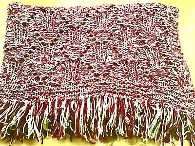 Handmade Knit Crotcheted Afghan Blanket Red White Quilt Throw 68x71” Vintage • $21.97