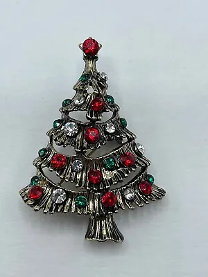 Vintage Christmas Tree Rhinestone Pin Brooch Pin Stamped KC 2  Green Red White • $14.99