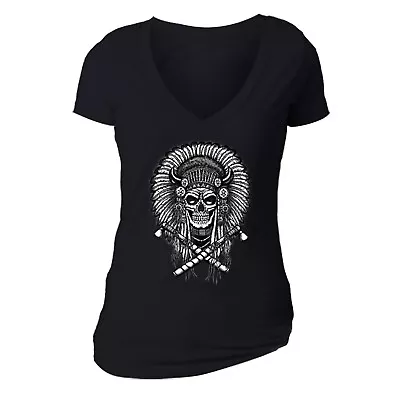 Womens Skull Indian Headress Sugar Skull Day Dead Dia De Los Muertos Mexican T-S • $16.49