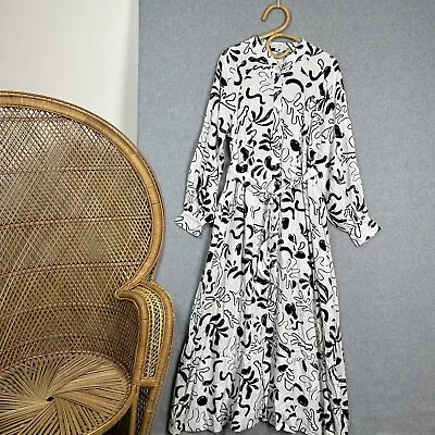 Thanne Maxi Long Dress Size 12 M White Black Print Long Sleeve Button Up • $36