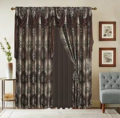 Jacquard Window Curtain Drapes W/Attached Valance+Sheer Backing +Tassels. • $44.89