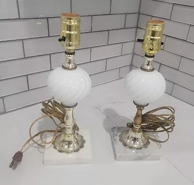 Vintage Pair Milk Glass Italian Marble Boudoir  Table Lamps • $49.99