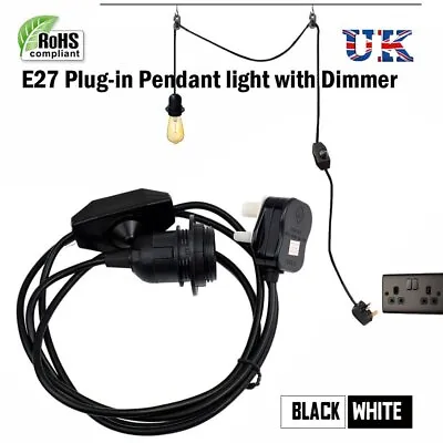 E27 Plug-In Pendant Light Fixture Lamp Bulb Socket Cord With Dimmer Switch UK • £8.89