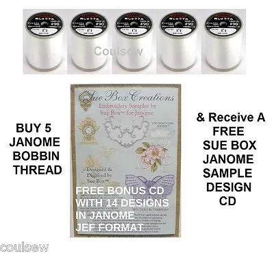 JANOME SEWING MACHINE BOBBIN THREAD X5 - 1000m WHITE Embroidery + FREE SUE BOX • £55